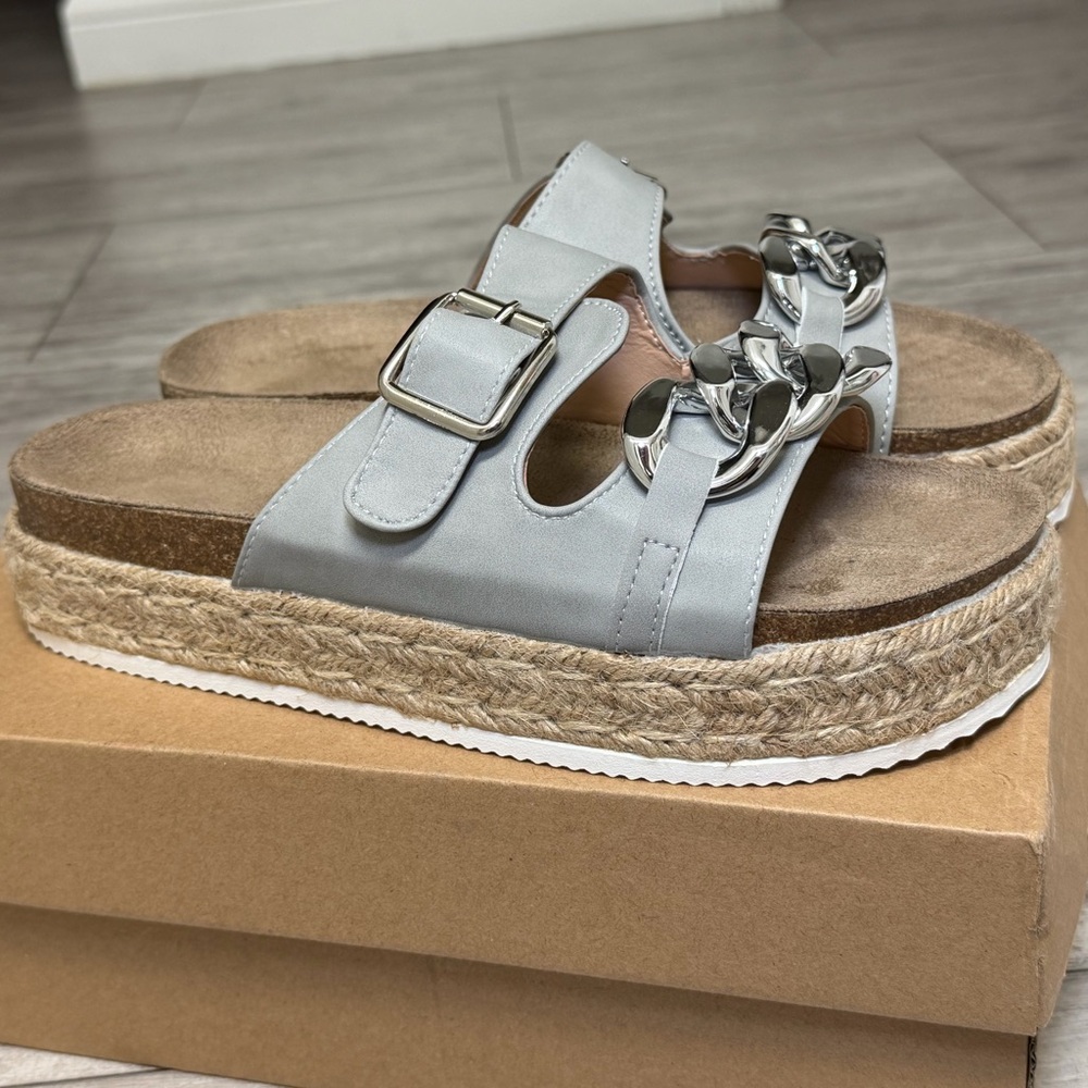 Stylish Gray Platform Sandals with Silver Chain accents